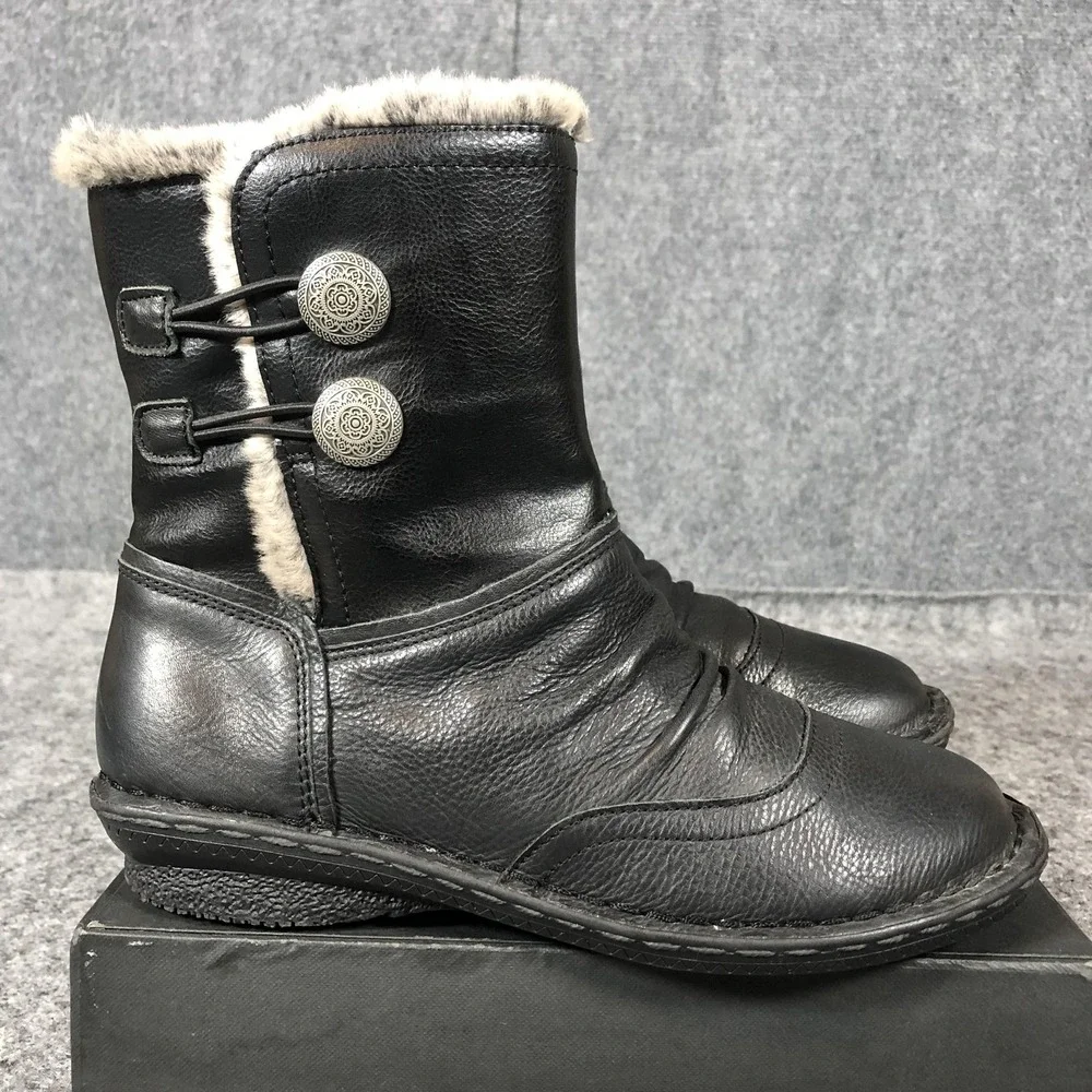Tara M Boots Womens Size 7.5 Black Leather Ankle Faux Fur Lined Wedge Winter‎